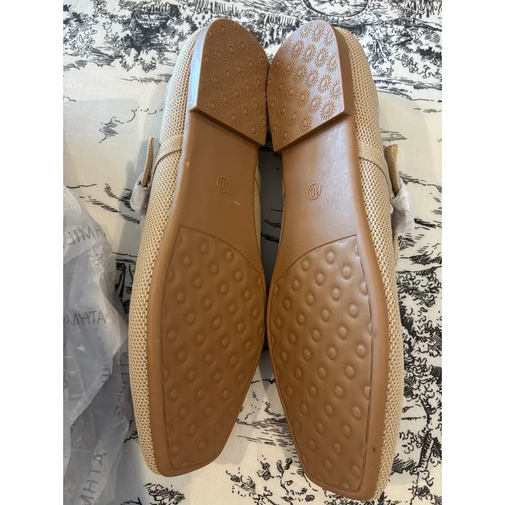 Airsmile Womens Knit Mary Jane Flats Square Toe Beige Buckle Strap Shoes Size 10